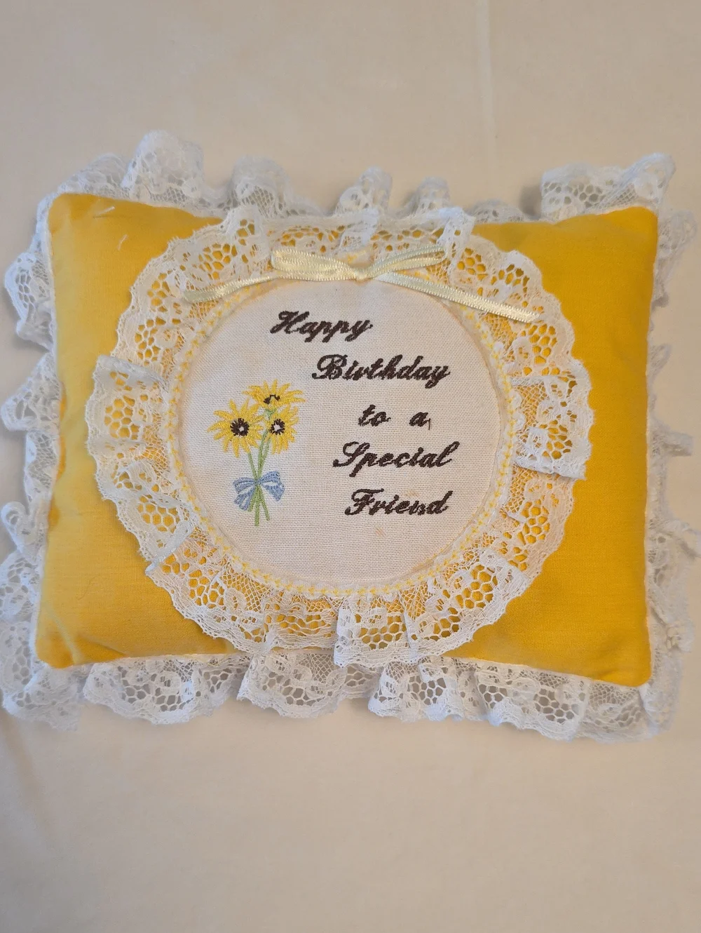 Yellow Lace Embroidered 'Happy Birthday to a Special Friend' Pillow
